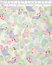 Japanese chiyogami paper featuring green, blue, and silver leaves with pink persimmon fruits on a white background with metallic gold details, shown next to a ruler for size reference.
