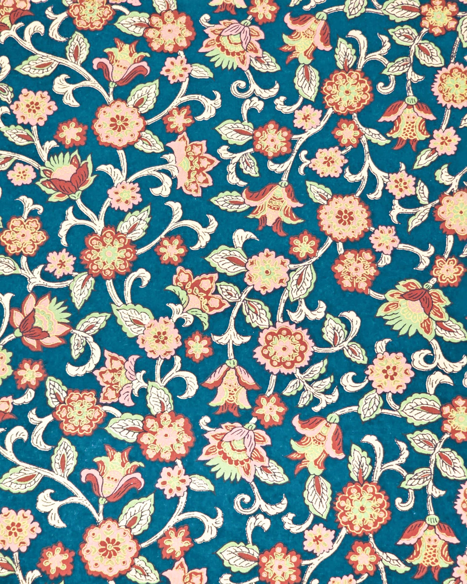 Japanese chiyogami paper featuring red and pink sarasa flowers on a dark blue background with metallic gold accents.