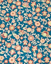 Japanese chiyogami paper featuring red, pink, and green sarasa flowers on a dark blue background with metallic gold details.