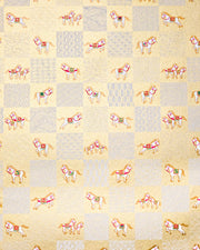 Japanese chiyogami paper featuring white horses with gold manes wearing red and green saddles and bridles, alternating with assorted white traditional Japanese patterns in an ichimatsu (checker) design on a metallic gold background.