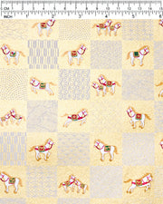 Japanese chiyogami paper featuring white horses with red and green accents and white assorted traditional Japanese designs in an ichimatsu (checker) design on a metallic gold background.