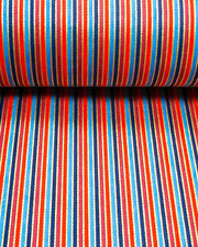 Japanese chiyogami paper featuring red, maroon, navy, blue and metallic gold thin vertical stripes, shown rolled to highlight the design.