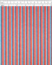 Japanese chiyogami paper featuring red, maroon, navy, blue and metallic gold thin vertical stripes, shown next to a ruler for size reference.
