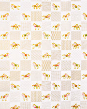 Japanese chiyogami paper featuring silver horses with red and green accents and gold assorted traditional Japanese designs in an ichimatsu (checker) design on a white background with metallic gold accents.
