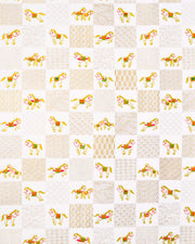 Japanese chiyogami paper featuring white horses with gold manes wearing red and green saddles and bridles, alternating with assorted metallic gold traditional Japanese patterns in an ichimatsu (checker) design on a white background.