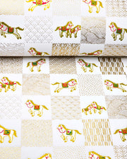 Japanese chiyogami paper featuring silver horses with red and green accents and gold assorted traditional Japanese designs in an ichimatsu (checker) design on a white background with metallic gold accents.