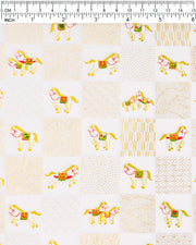 Japanese chiyogami paper featuring silver horses with red and green accents and gold assorted traditional Japanese designs in an ichimatsu (checker) design on a white background with metallic gold accents.