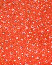 Japanese chiyogami paper featuring white assorted stars and smaller metallic gold stars and constellations on a red background.