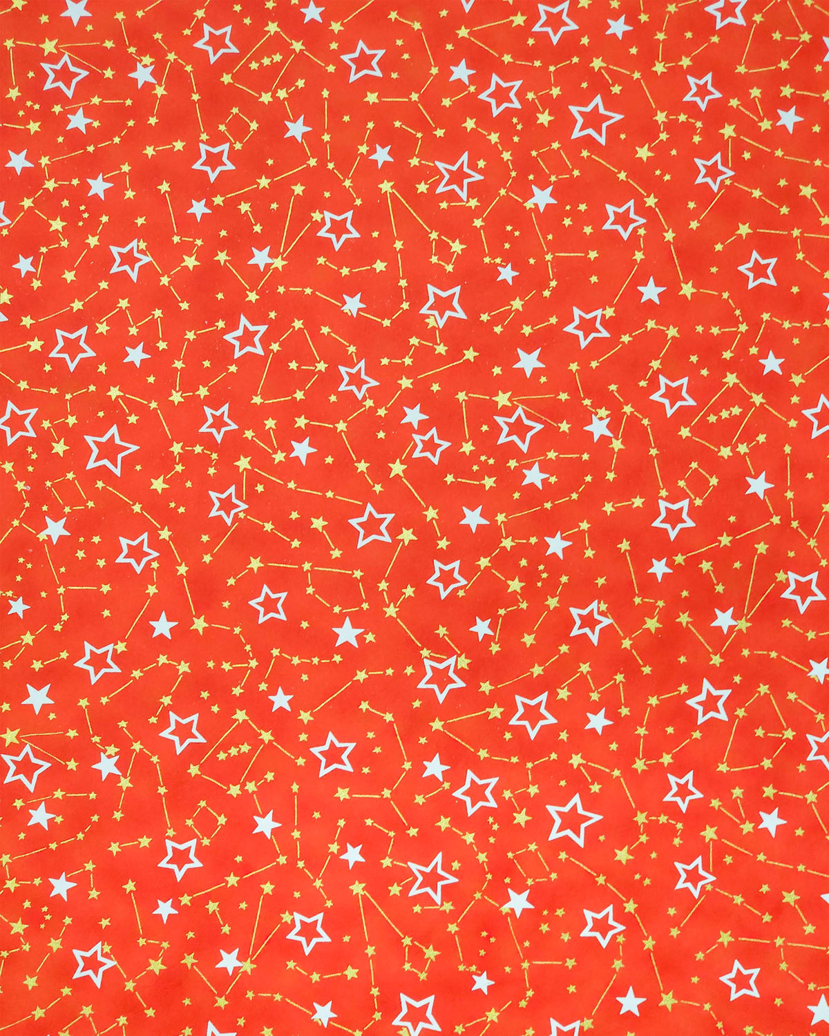 Japanese chiyogami paper featuring white assorted stars and smaller metallic gold stars and constellations on a red background.