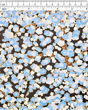 Japanese chiyogami paper featuring a blue plum blossom tree on a black background with metallic gold accents.