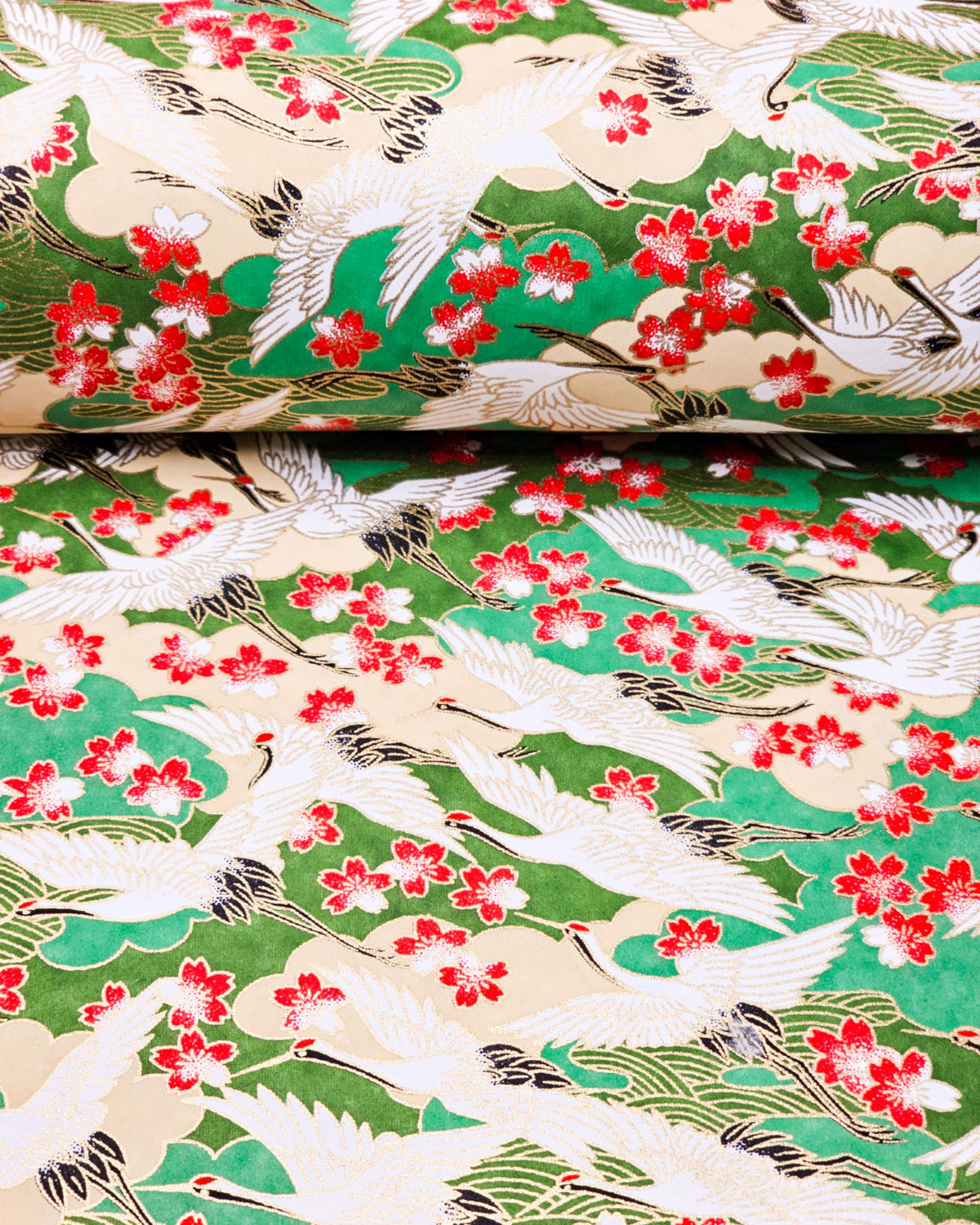 Japanese chiyogami paper featuring white flying cranes and red and white cherry blossoms among beige and green clouds and green waves with metallic gold details, shown rolled to highlight the design.