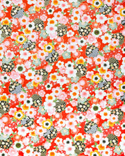 Japanese chiyogami paper featuring pink, white, and orange cherry blossoms with green leaves and black yukiwa (snowflake) on a red background with metallic gold details.