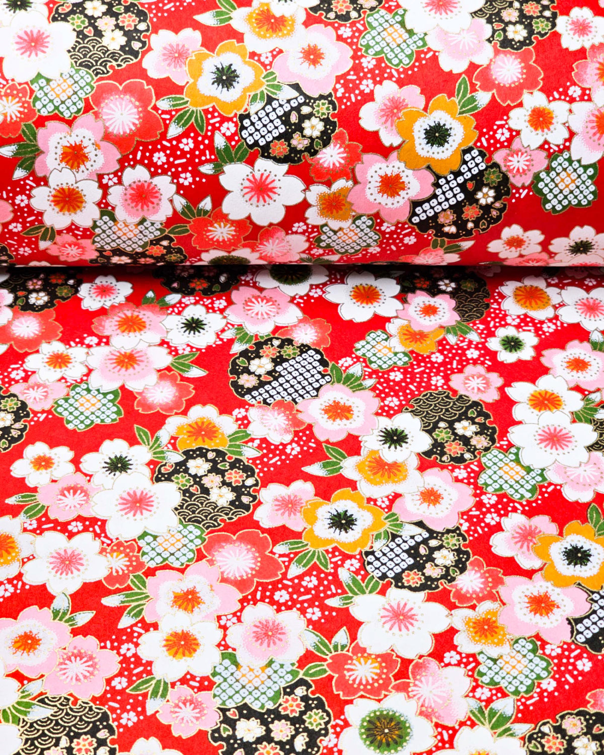 Japanese chiyogami paper featuring pink, white, and orange cherry blossoms with green leaves and black yukiwa (snowflake) on a red background with metallic gold details, shown rolled to highlight the design.