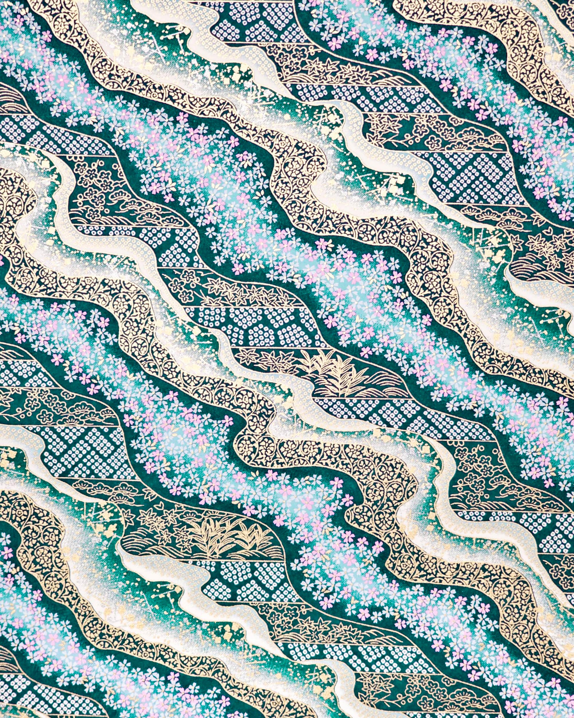 Japanese chiyogami paper featuring pink and white cherry blossoms on teal blue background with metallic gold & silver accents.