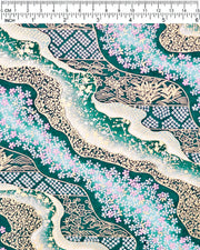 Japanese chiyogami paper featuring pink and white cherry blossoms with assorted traditional Japanese floral and geometric patterns on teal blue background with metallic gold and silver details, shown next to a ruler for size reference.