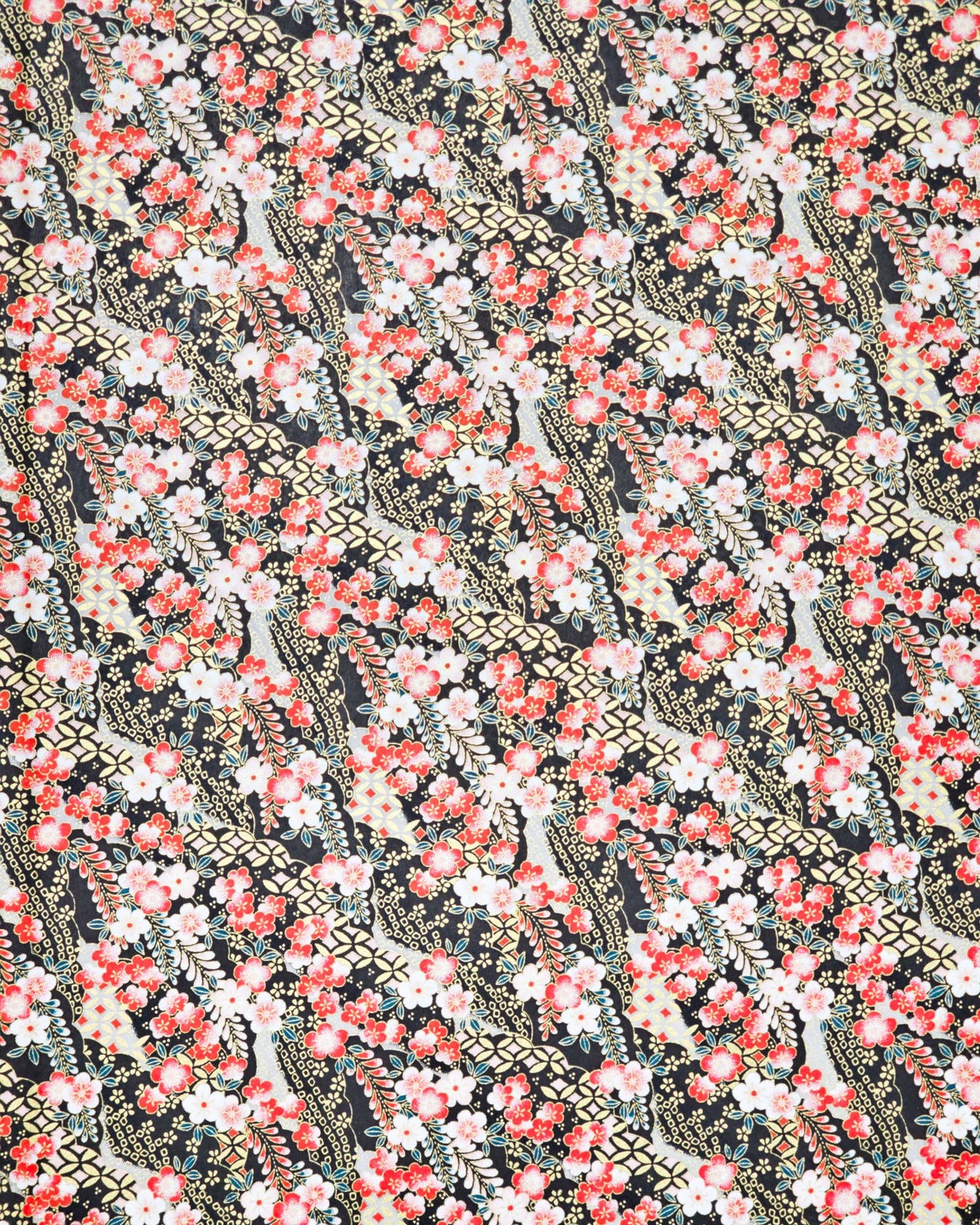 Japanese chiyogami paper featuring red and white plum blossoms with red, white, and green wisteria on a black back ground with metallic gold accents.