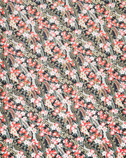 Japanese chiyogami paper featuring red and white plum blossoms with red, white, and green wisteria on a black back ground with metallic gold accents.