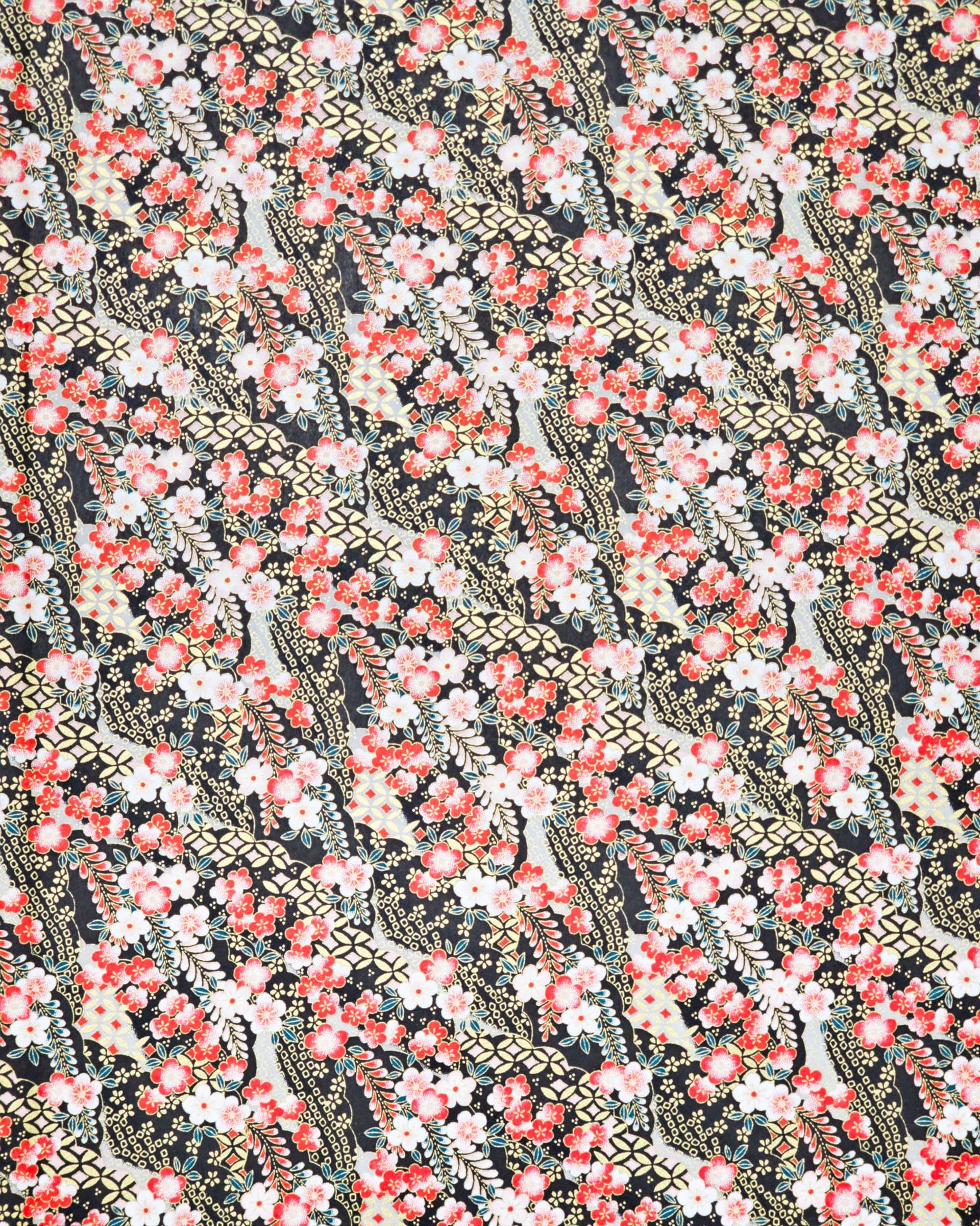 Japanese chiyogami paper featuring red and white plum blossoms with red, white, and green wisteria on a black back ground with metallic gold accents.