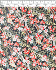 Japanese chiyogami paper featuring red and white plum blossoms with red, white, and green wisteria on a black back ground with metallic gold accents.