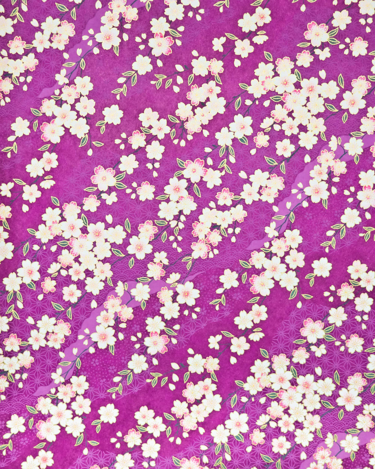 Japanese chiyogami paper featuring pink and white cherry blossoms on a purple background with light asanoha (hemp leaf) and small cherry blossom silhouettes and metallic gold details.