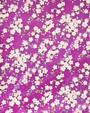 Japanese chiyogami paper featuring pink and white cherry blossoms on a purple background with light asanoha (hemp leaf) and small cherry blossom silhouettes and metallic gold details.