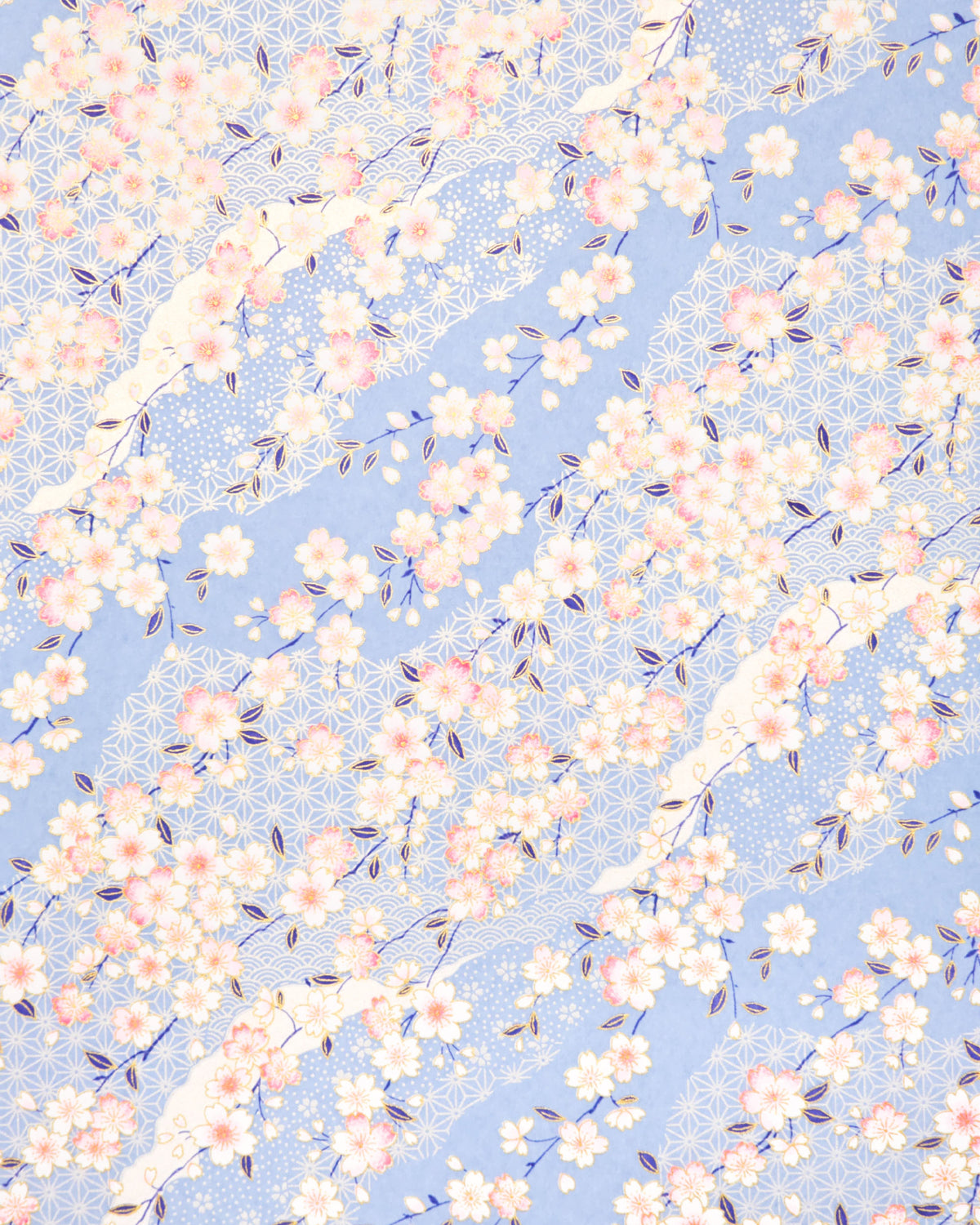 Japanese chiyogami paper featuring pink and white cherry blossoms on a light blue background with asanoha (hemp leaf) and small plum blossom patterns and metallic gold details.