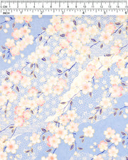 Japanese chiyogami paper featuring pink and white cherry blossoms on a light blue background with asanoha (hemp leaf) and small plum blossom patterns and metallic gold details, shown next to a ruler for size reference.