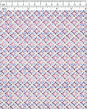 Japanese chiyogami paper featuring a blue and metallic gold shippo pattern with purple and white hanabishi (flower diamond) pattern in the center on a black background, shown next to a ruler for size reference.