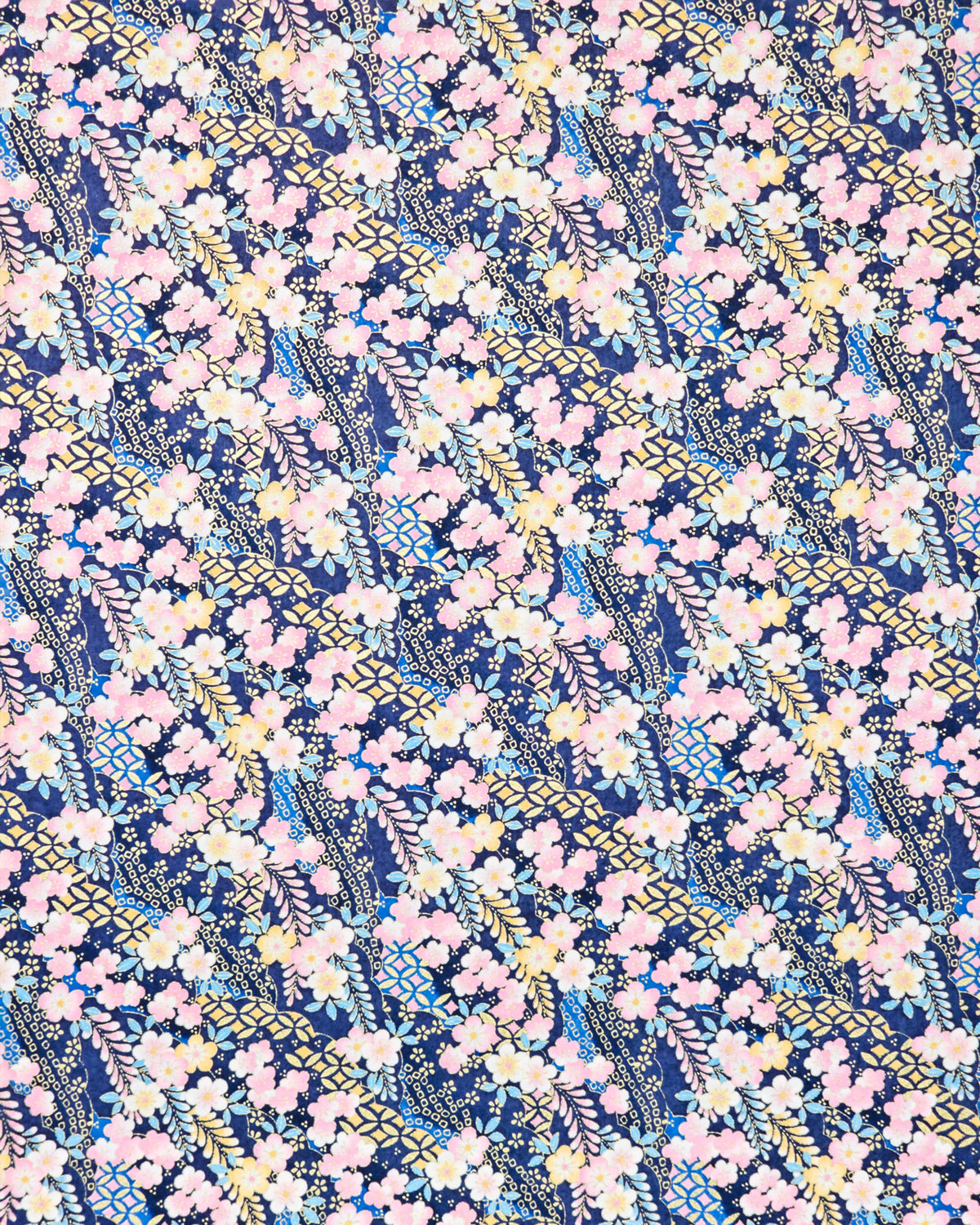 Japanese chiyogami paper featuring pink and yellow plum blossoms and blue, pink, and yellow wisteria on a dark blue background with metallic gold details.