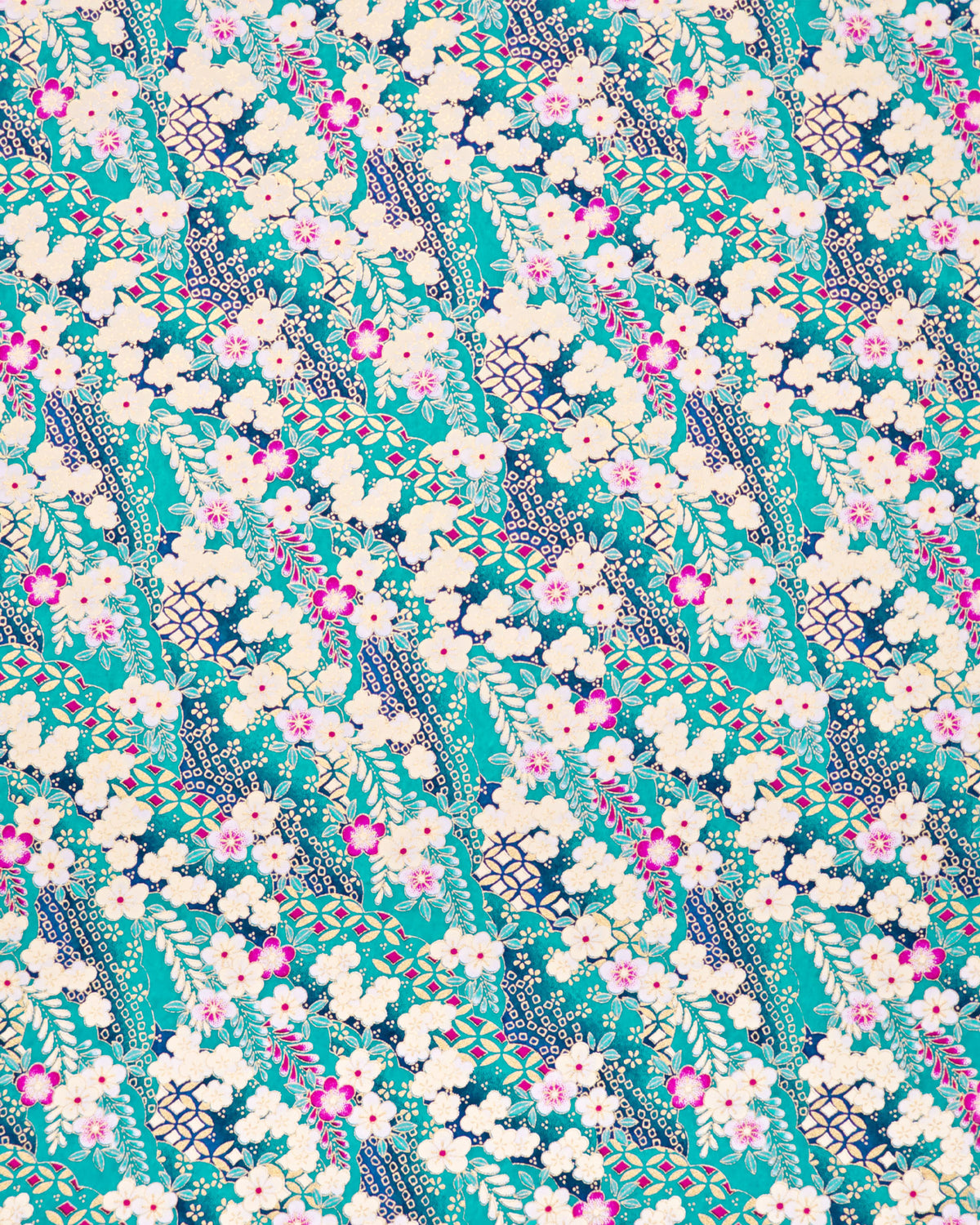 Japanese chiyogami paper featuring cream and magenta pink plum blossoms and cream, magenta pink, and teal wisteria on a teal blue background with metallic gold details.