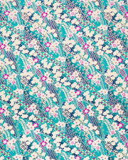 Japanese chiyogami paper featuring cream and magenta pink plum blossoms and cream, magenta pink, and teal wisteria on a teal blue background with metallic gold details.