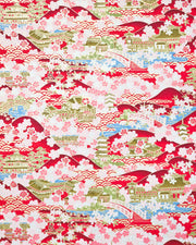 Japanese chiyogami paper featuring a red and pink cherry blossom-filled Japanese village with metallic gold accents.