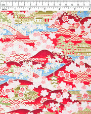 Japanese chiyogami paper featuring a red and pink cherry blossom-filled Japanese village with metallic gold accents.