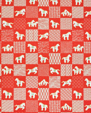Japanese chiyogami paper featuring white horses with red and green accents and white assorted traditional Japanese designs in an ichimatsu (checker) design on a red background with metallic gold accents.