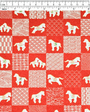 Japanese chiyogami paper featuring white horses with red and green accents and white assorted traditional Japanese designs in an ichimatsu (checker) design on a red background with metallic gold accents.