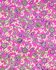 Japanese chiyogami paper featuring green and purple sarasa flowers on a pearlescent magenta pink background with metallic gold accents.