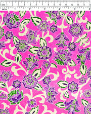 Japanese chiyogami paper featuring green and purple sarasa flowers on a pearlescent magenta pink background with metallic gold accents.
