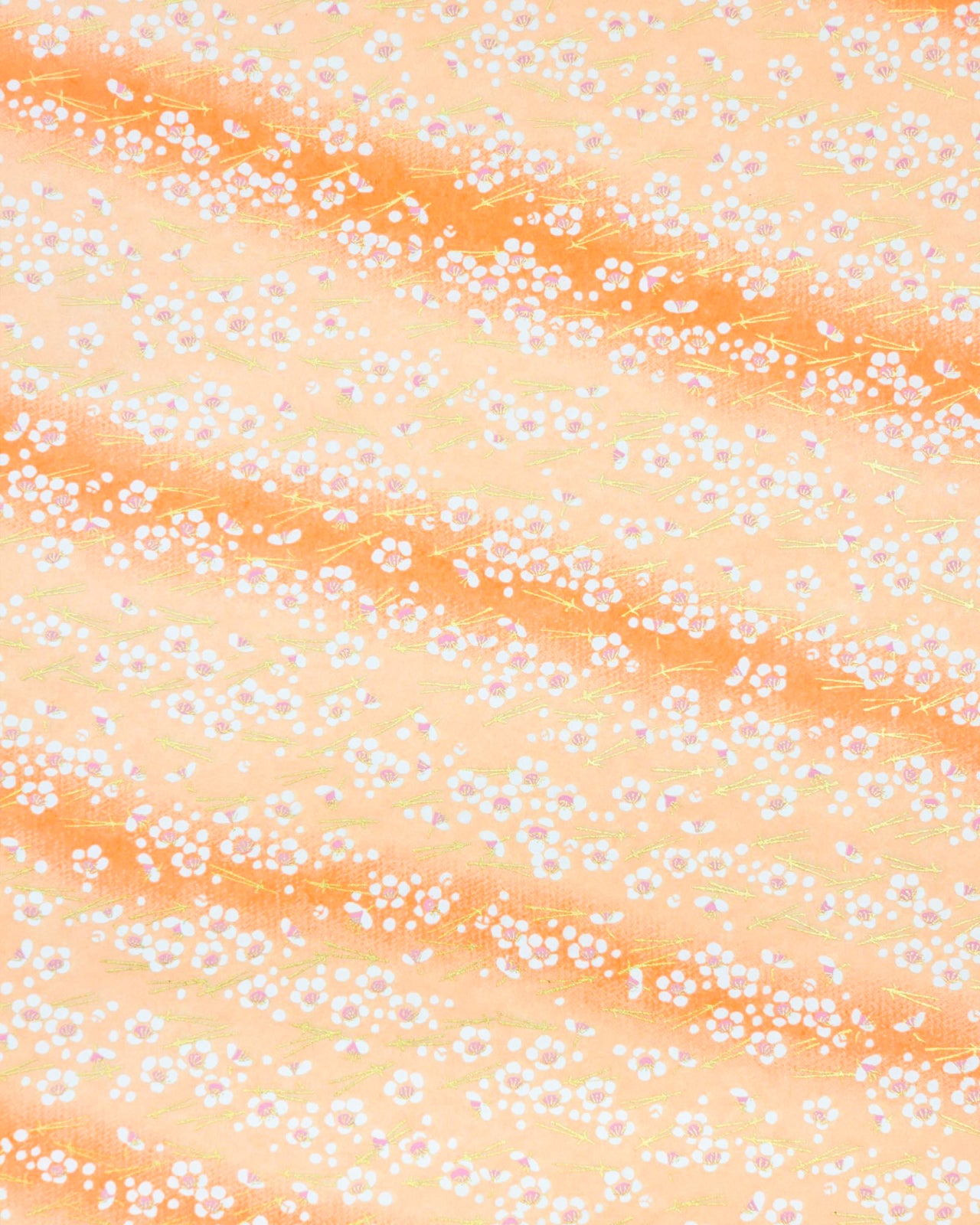 Japanese chiyogami paper featuring small white plum blossoms and matsuba (pine needles) on an orange gradient background with metallic gold accents.