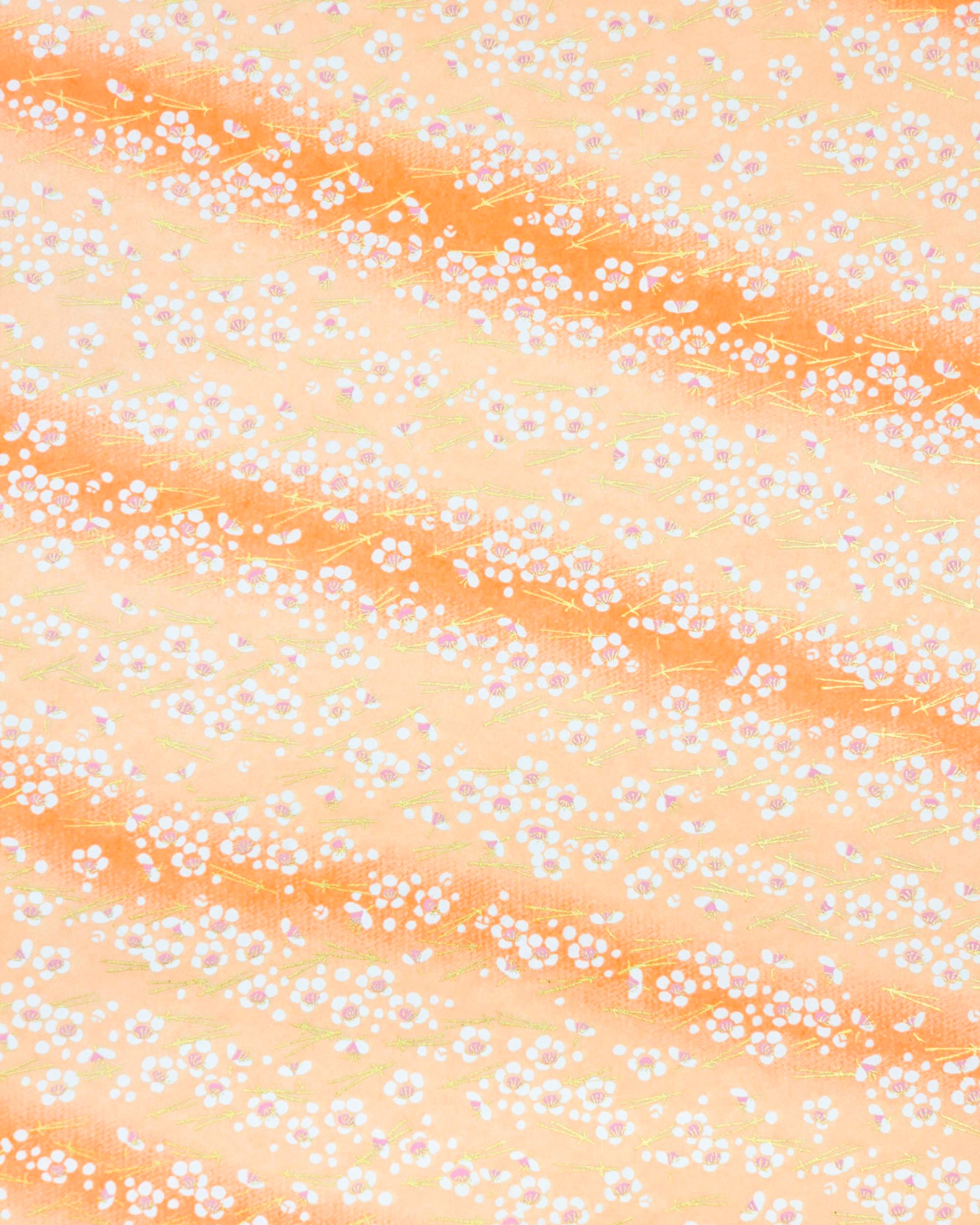 Japanese chiyogami paper featuring small white plum blossoms and matsuba (pine needles) on an orange gradient background with metallic gold accents.