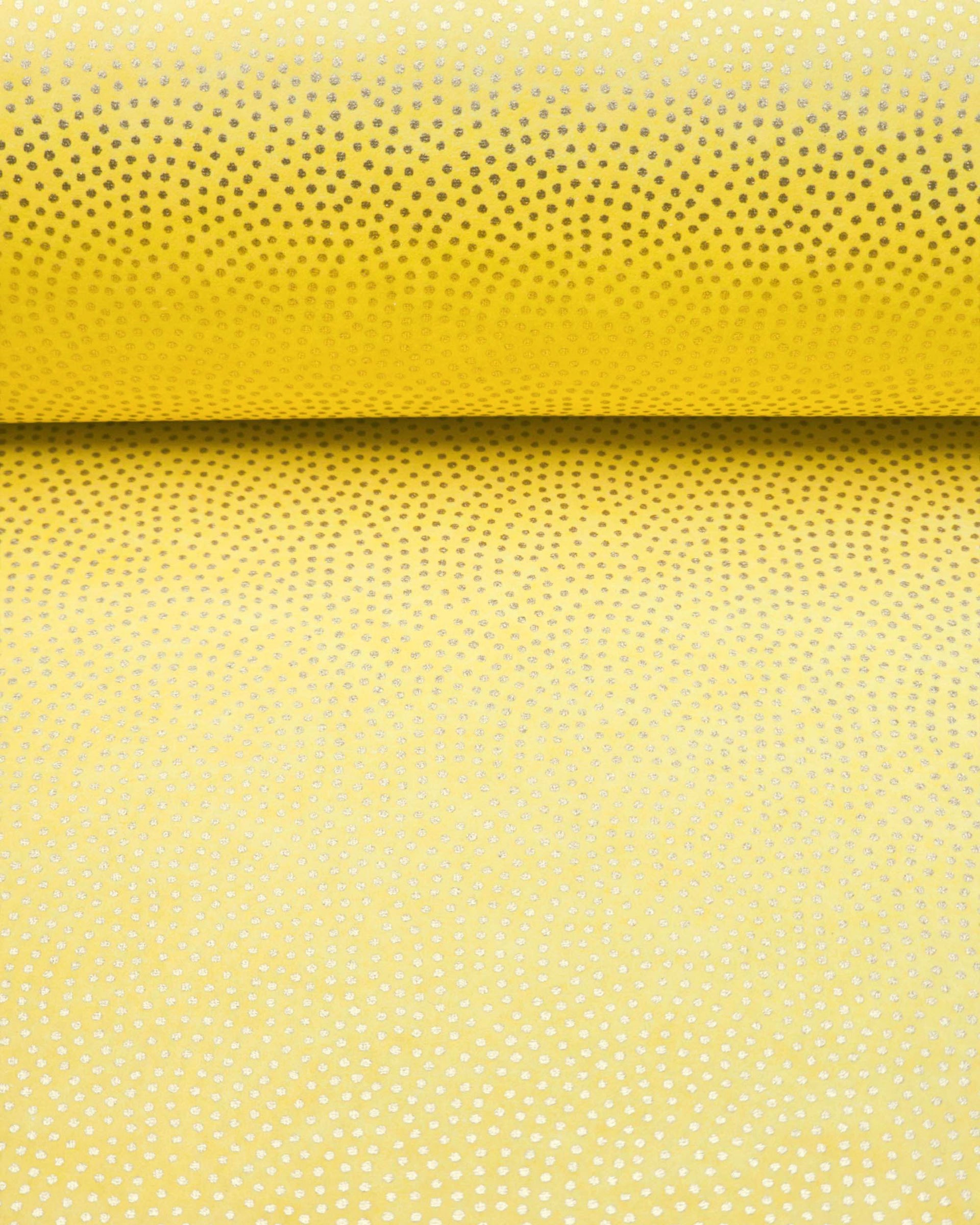Japanese chiyogami paper featuring a metallic gold "same komon" (sharkskin) design on a bright yellow background.