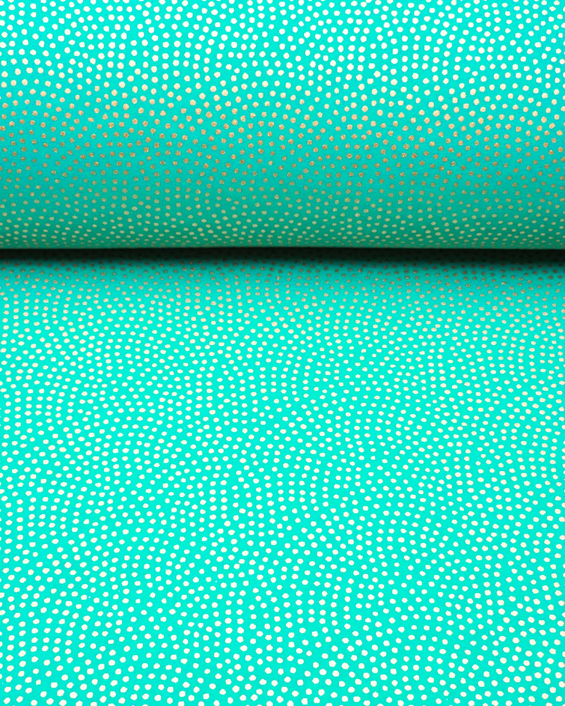 Japanese chiyogami paper featuring a metallic gold "same komon" (sharkskin) design on a bright turquoise background.
