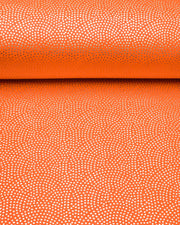 Japanese chiyogami paper featuring a metallic gold "same komon" (sharkskin) design on an orange background.