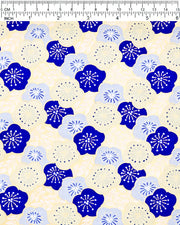 Japanese chiyogami paper featuring large dark blue, light blue, and off-white plum blossoms on a metallic gold background.
