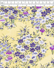 Japanese chiyogami paper featuring blue, purple, and white irises on a gold background with metallic gold accents.