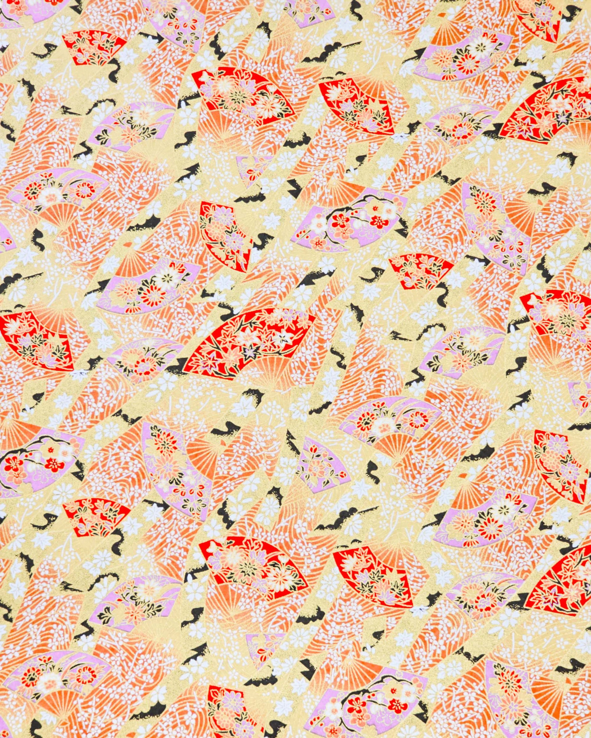 Japanese chiyogami paper featuring red and purple floral hand fans and gold floral ribbons on an orange gradient background covered in small white plum blossoms with metallic gold details.