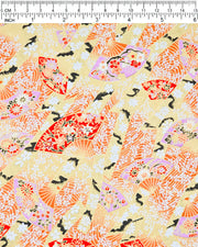 Japanese chiyogami paper featuring red and purple floral hand fans and gold floral ribbons on an orange gradient background covered in small white plum blossoms with metallic gold details.