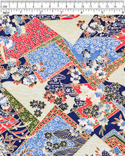Japanese chiyogami paper featuring red, blue, off white, and green patches adorned with an assortment of various floral and geometric patterns with metallic gold details.