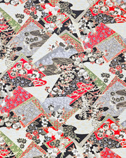 Japanese chiyogami paper featuring red, gray, black, off white, and green patches adorned with an assortment of various floral and geometric patterns with metallic gold details.