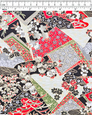 Japanese chiyogami paper featuring red, gray, black, off white, and green patches adorned with an assortment of various floral and geometric patterns with metallic gold details.