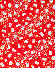 Japanese chiyogami paper featuring assorted white and red Maneki Neko (lucky cats) with small white and gold cherry blossoms and temari balls on a bright red background with metallic gold details.